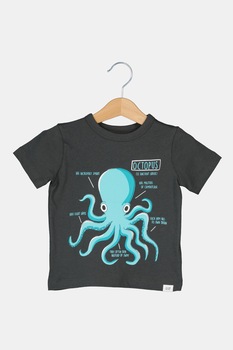 GAP, Tricou cu imprimeu grafic si decolteu la baza gatului, Gri inchis/Turcoaz GAP, Tricou cu imprimeu grafic si decolteu la baza gatului, Gri inchis/Turcoaz