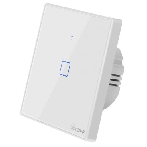 Intrerupator inteligent simplu cu touch Sonoff T2EU1C TX, Wi-Fi, compatibil Amazon Alexa si Google Assistant, sticla, Alb