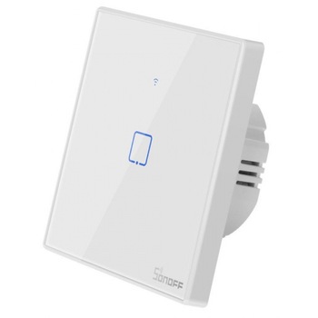 Intrerupator inteligent simplu cu touch Sonoff T2EU1C TX, Wi-Fi, compatibil Amazon Alexa si Google Assistant, sticla, Alb Intrerupator inteligent simplu cu touch Sonoff T2EU1C TX, Wi-Fi, compatibil Amazon Alexa si Google Assistant, sticla, Alb
