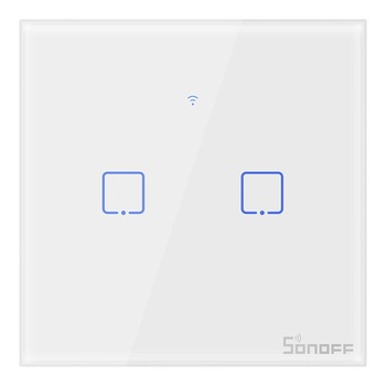 Intrerupator inteligent dublu cu touch Sonoff T1EU2C TX, Wi-Fi, compatibil Amazon Alexa si Google Assistant, sticla, Alb Intrerupator inteligent dublu cu touch Sonoff T1EU2C TX, Wi-Fi, compatibil Amazon Alexa si Google Assistant, sticla, Alb