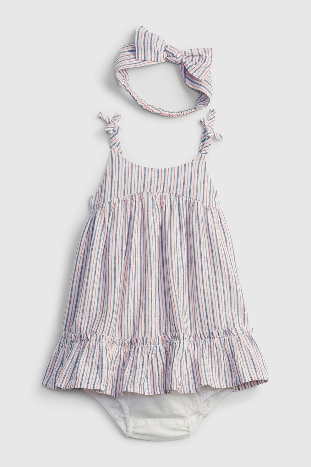 GAP, Set 3 piese cu rochie, chiloti si bentita din amestec de in, fete, cu dungi, Alb/Bleumarin/Rosu, Alb/Bleumarin/Rosu stins