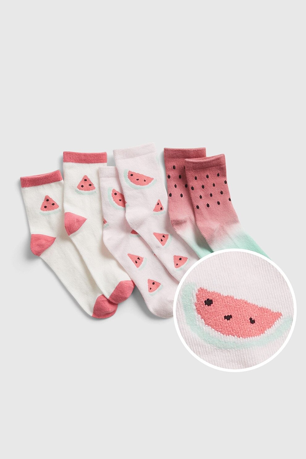 GAP, Set 3 perechi de sosete, unisex, cu imprimeu cu pepene, Alb/Rosu/Verde, Alb/Rosu stins/Verde pal