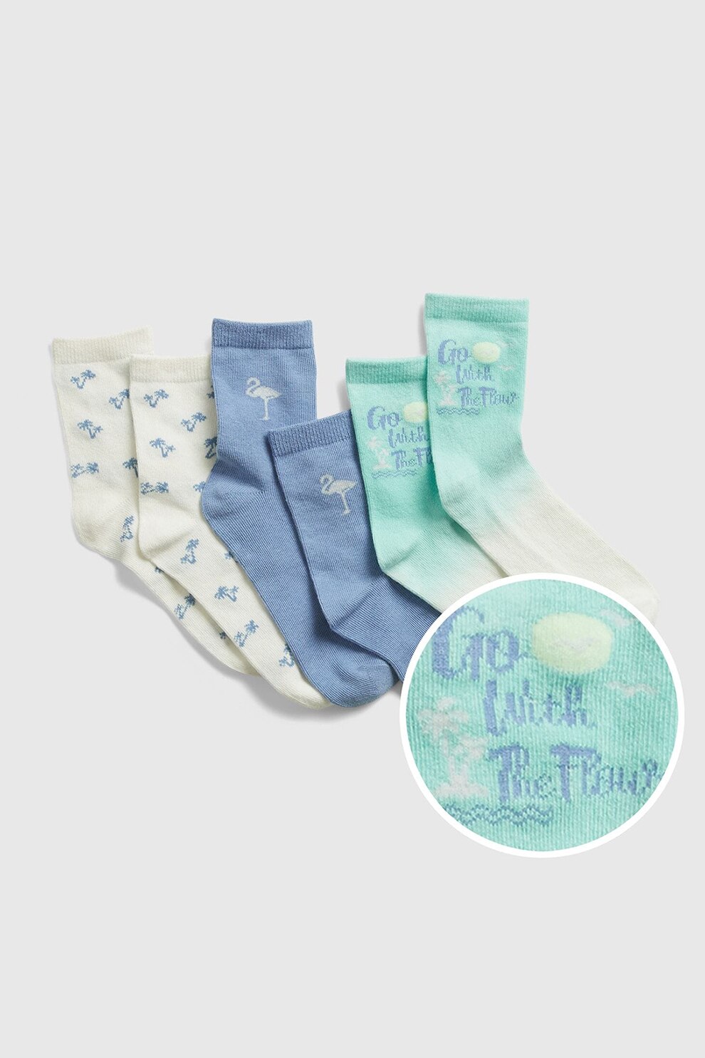 GAP, Set 3 perechi de sosete, fete, cu imprimeu, Albastru/Alb/Turcoaz, Albastru lavanda/alb/albastru turcoaz