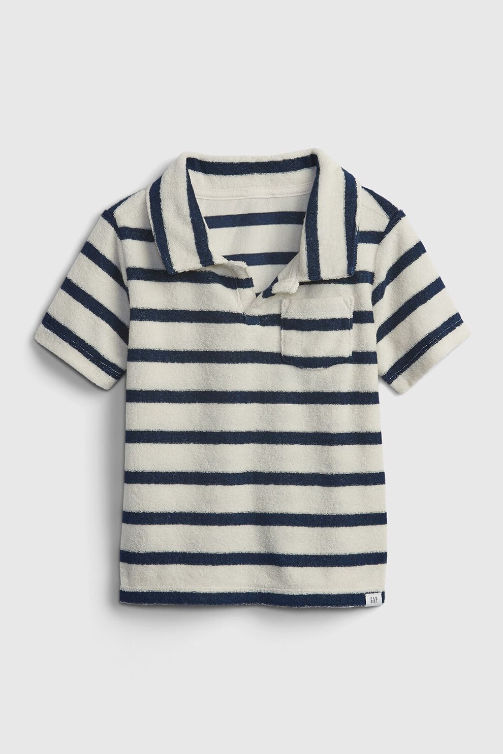 GAP, Tricou polo din material terry si buzunar pe piept, Alb/Bleumarin inchis