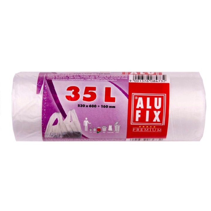 Rola 25 Saci Menajeri cu Maner Alufix Premium, 35 L, 53x60 cm
