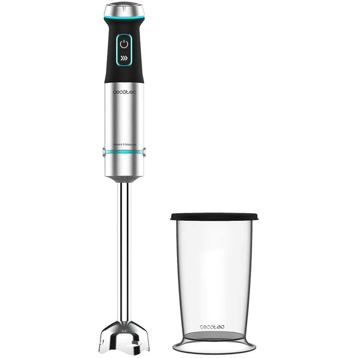 Ръчен блендер Cecotec Power TitanBlack 1200 XL, 1200W, SoftTouch покритие, LED осветление, Технология кръстосани остриета, Turbo функция, 0.8 л съд, Черен