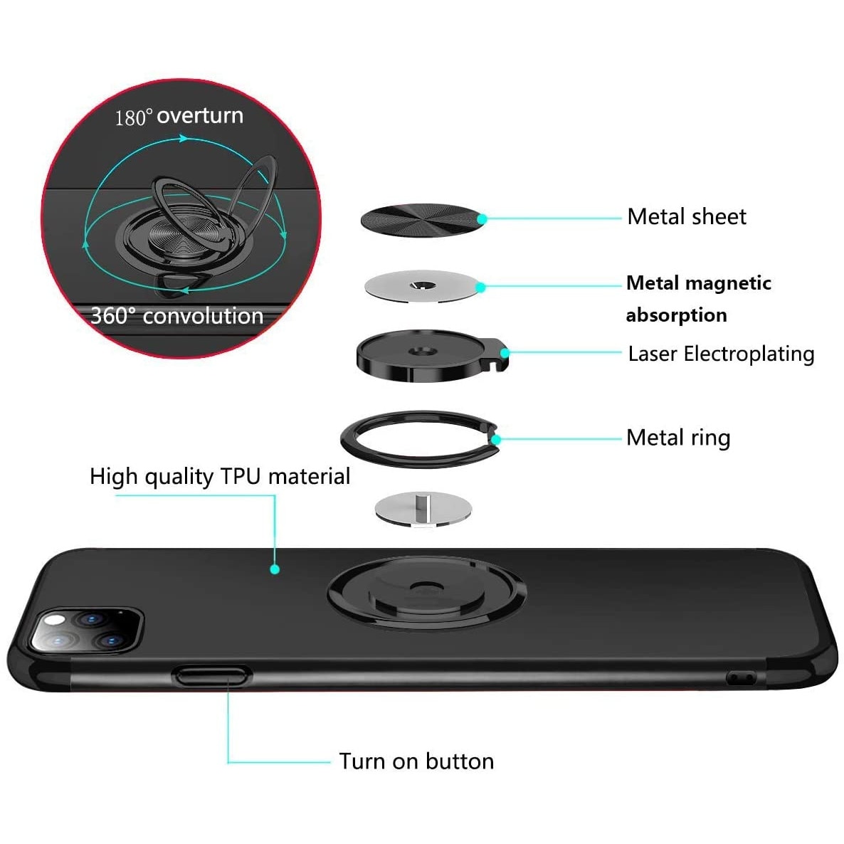 Husa PadForce Crystal-Ring transparenta din silicon cu inel rotativ metalic, Negru, compatibil cu iPhone 12 mini