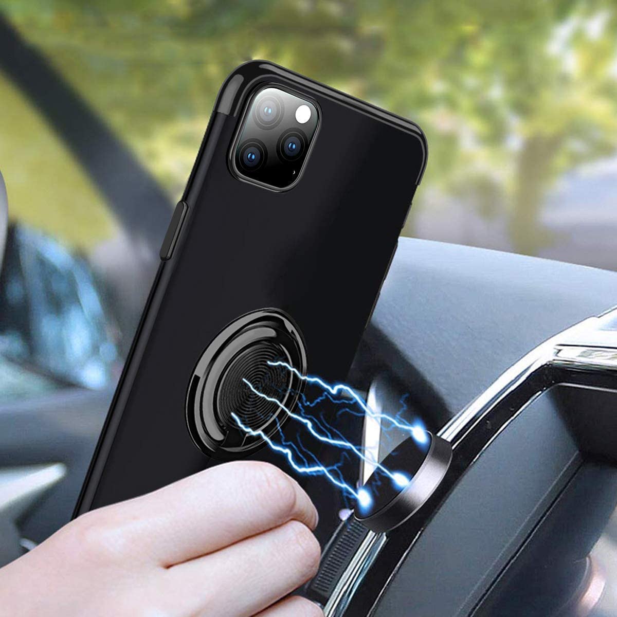 Husa PadForce Crystal-Ring transparenta din silicon cu inel rotativ metalic, Negru, compatibil cu iPhone 12 mini