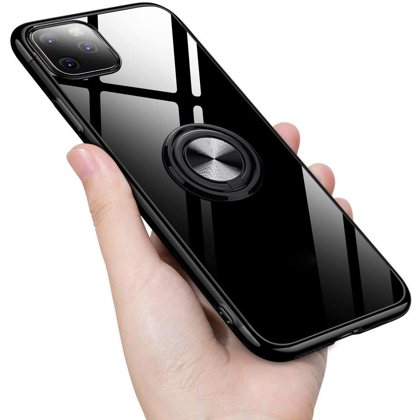 Husa PadForce Crystal-Ring transparenta din silicon cu inel rotativ metalic, Negru, compatibil cu iPhone 12 mini