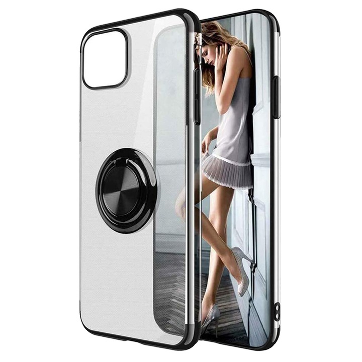 Husa PadForce Crystal-Ring transparenta din silicon cu inel rotativ metalic, Negru, compatibil cu iPhone 12 mini