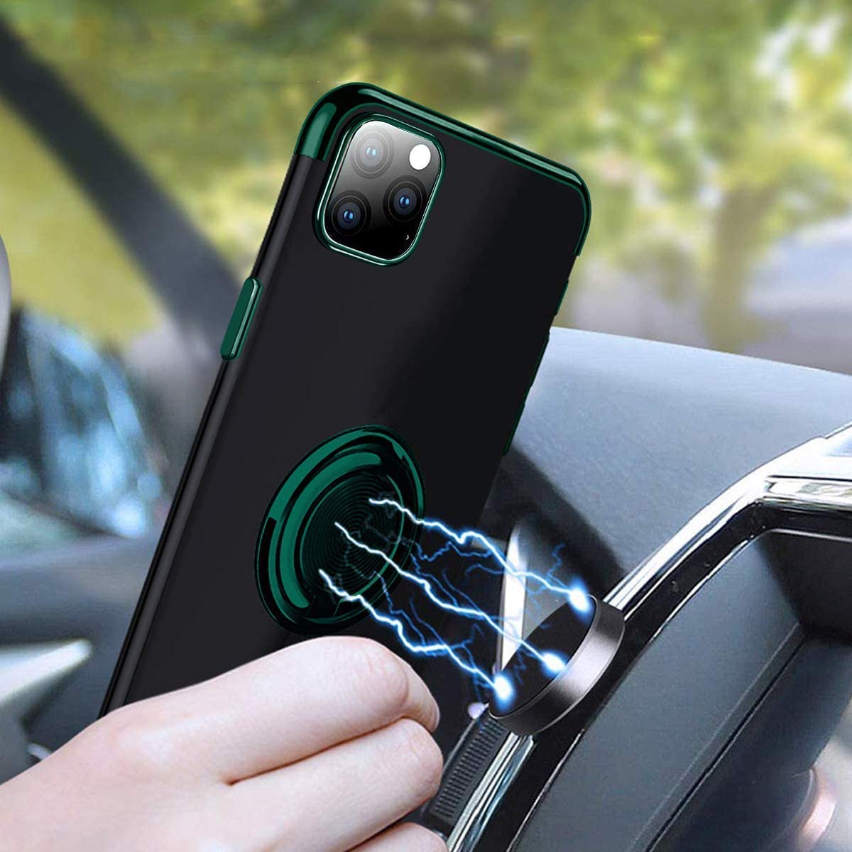 Husa PadForce Crystal-Ring transparenta din silicon cu inel rotativ metalic, Verde, compatibil cu iPhone 11 Pro Max