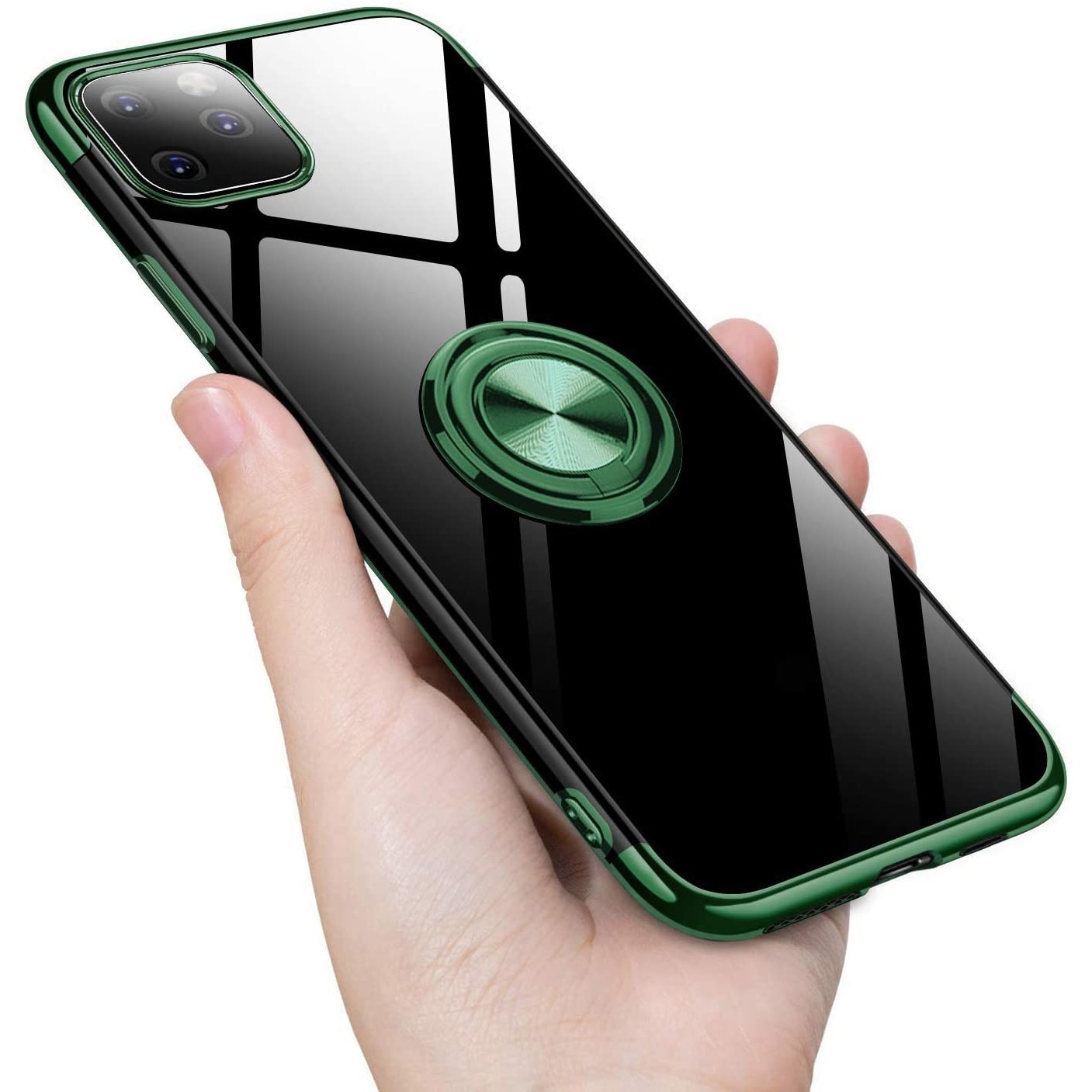 Husa PadForce Crystal-Ring transparenta din silicon cu inel rotativ metalic, Verde, compatibil cu iPhone 11 Pro Max
