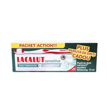 Set Pasta de dinti Lacalut Sensitive Whitening, impotriva sensibilitatii dentare si gingivale, 75 ml, si periuta de dinti Set Pasta de dinti Lacalut Sensitive Whitening, impotriva sensibilitatii dentare si gingivale, 75 ml, si periuta de dinti