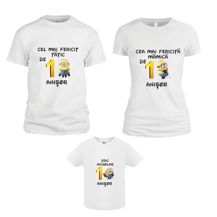 Set 3 tricouri pentru aniversarea de 1 an, taiere mot, Minion, TM03, Bumbac, Alb