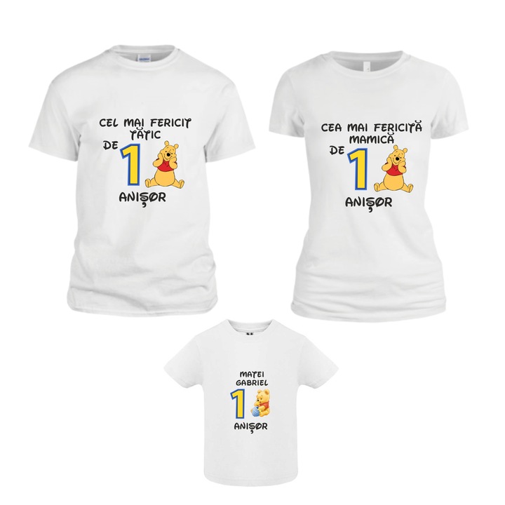 Set 3 tricouri pentru aniversarea de 1 an, taiere mot, Winnie, TM01, Bumbac, Alb