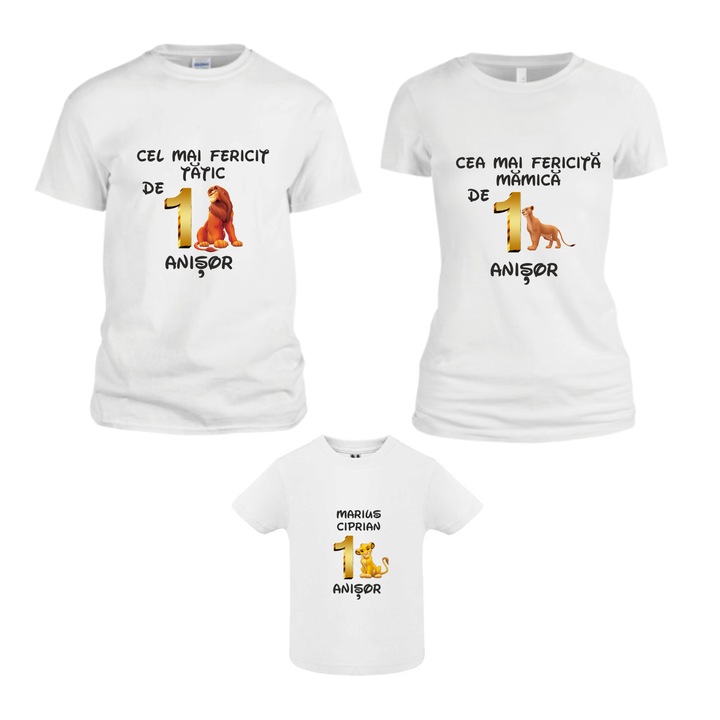 Set 3 tricouri pentru aniversarea de 1 an, taiere mot, Lion King, TM07, Bumbac, Alb