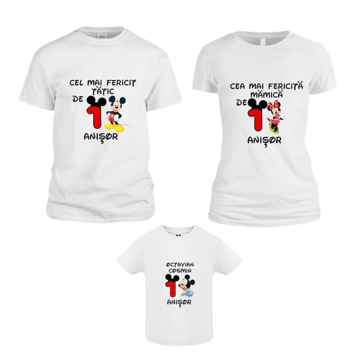 Set 3 tricouri pentru aniversarea de 1 an, taiere mot, Mickey, TM04, Bumbac, Alb