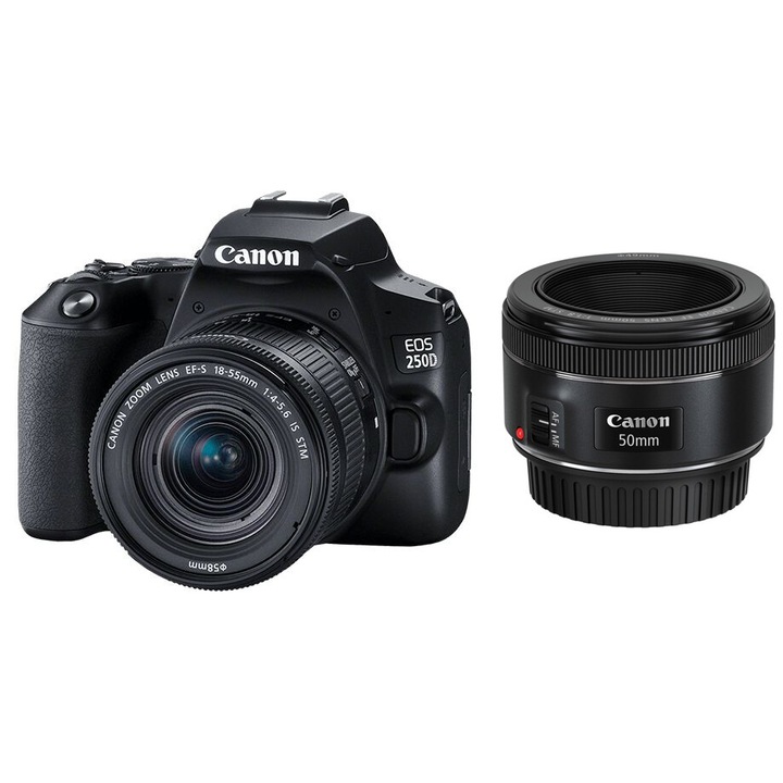 Aparat foto DSLR Canon EOS 250D, Obiectiv EF 18-55 mm IS STM + 50 mm STM, Negru