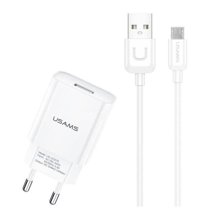 Usams T21 hálózati töltő, 5V / 2100 mA, + microUSB kábel, Fehér