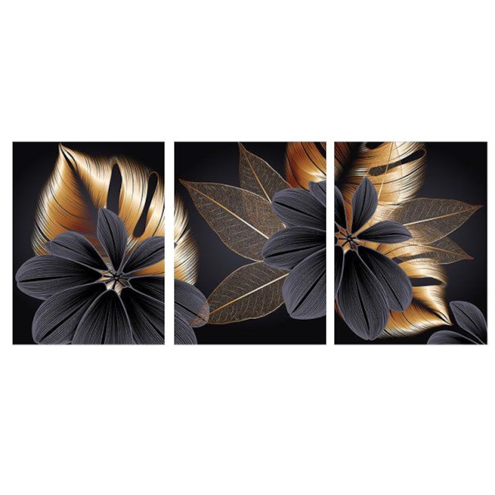 Set 3 tablouri canvas - Golden and grey exotic flowers, 50x70 cm