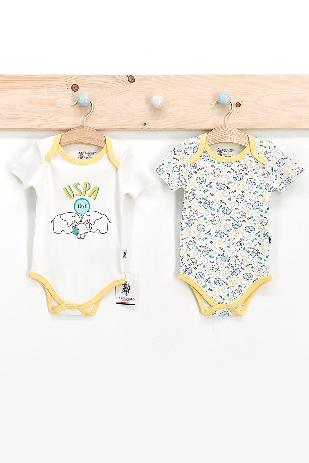 U.S. Polo Assn., Set de body-uri de bumbac cu imprimeu - 2 piese, Galben/Alb, 74-80 CM Standard