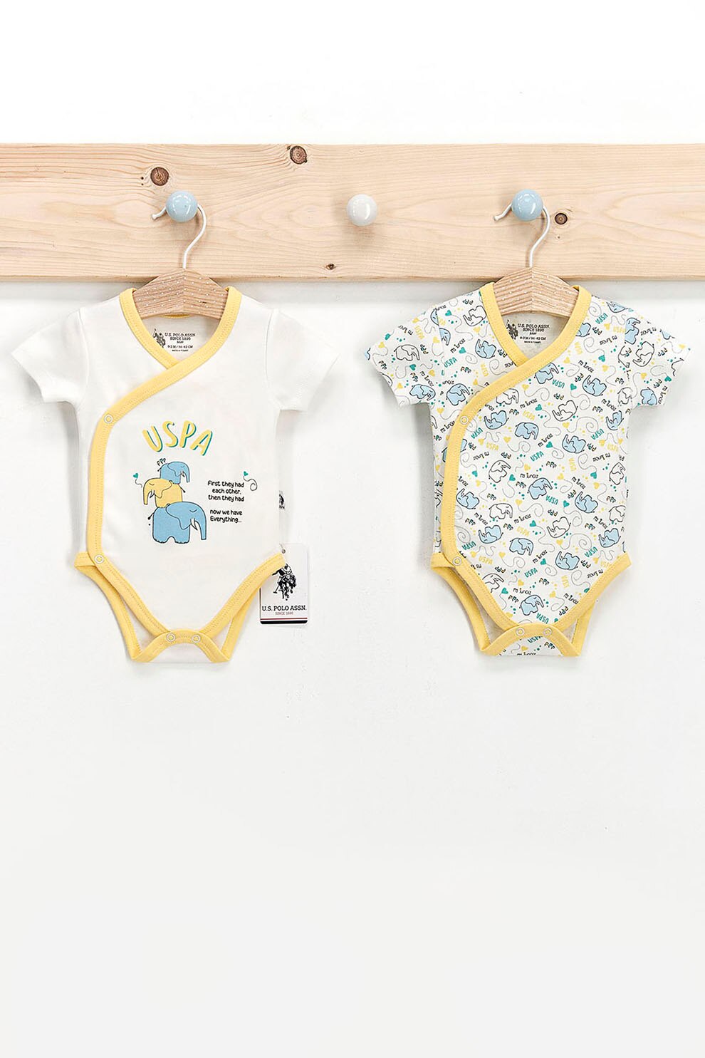 U.S. Polo Assn., Set de body-uri de bumbac cu imprimeu - 2 piese, Galben/Alb, 62-68 CM Standard