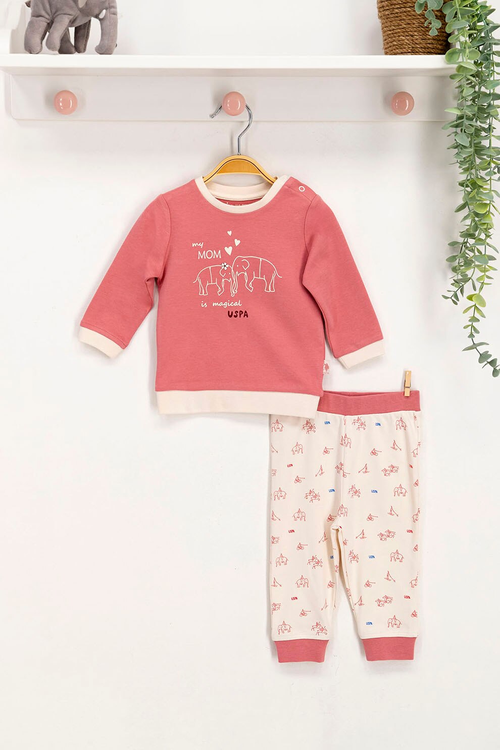 U.S. Polo Assn., Set de bluza cu imprimeu si pantaloni, Roz