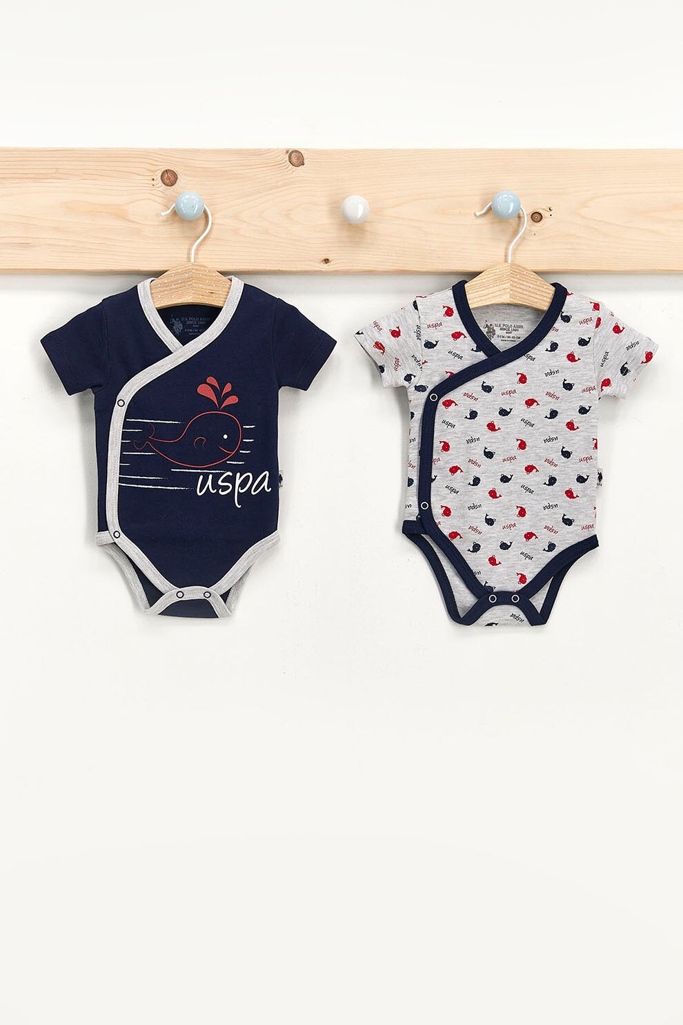 U.S. Polo Assn., Set de body-uri cu terminatii contrastante - 2 piese, Bleumarin inchis/Gri melange, 62-68 CM Standard