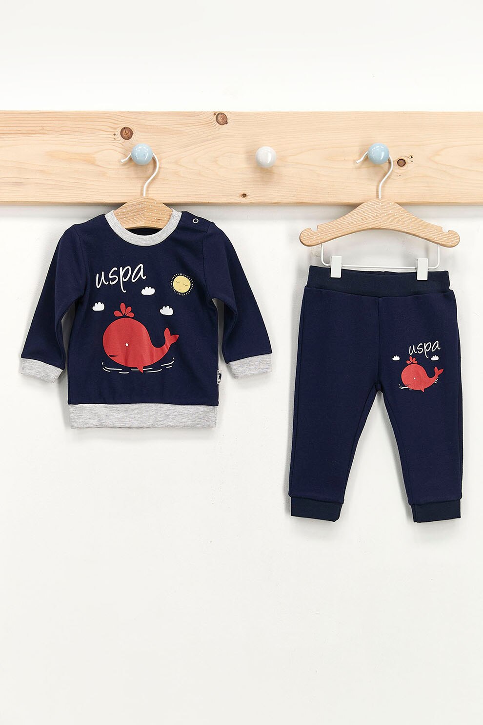 U.S. Polo Assn., Set de bluza sport si pantaloni sport cu imprimeu grafic, Bleumarin inchis