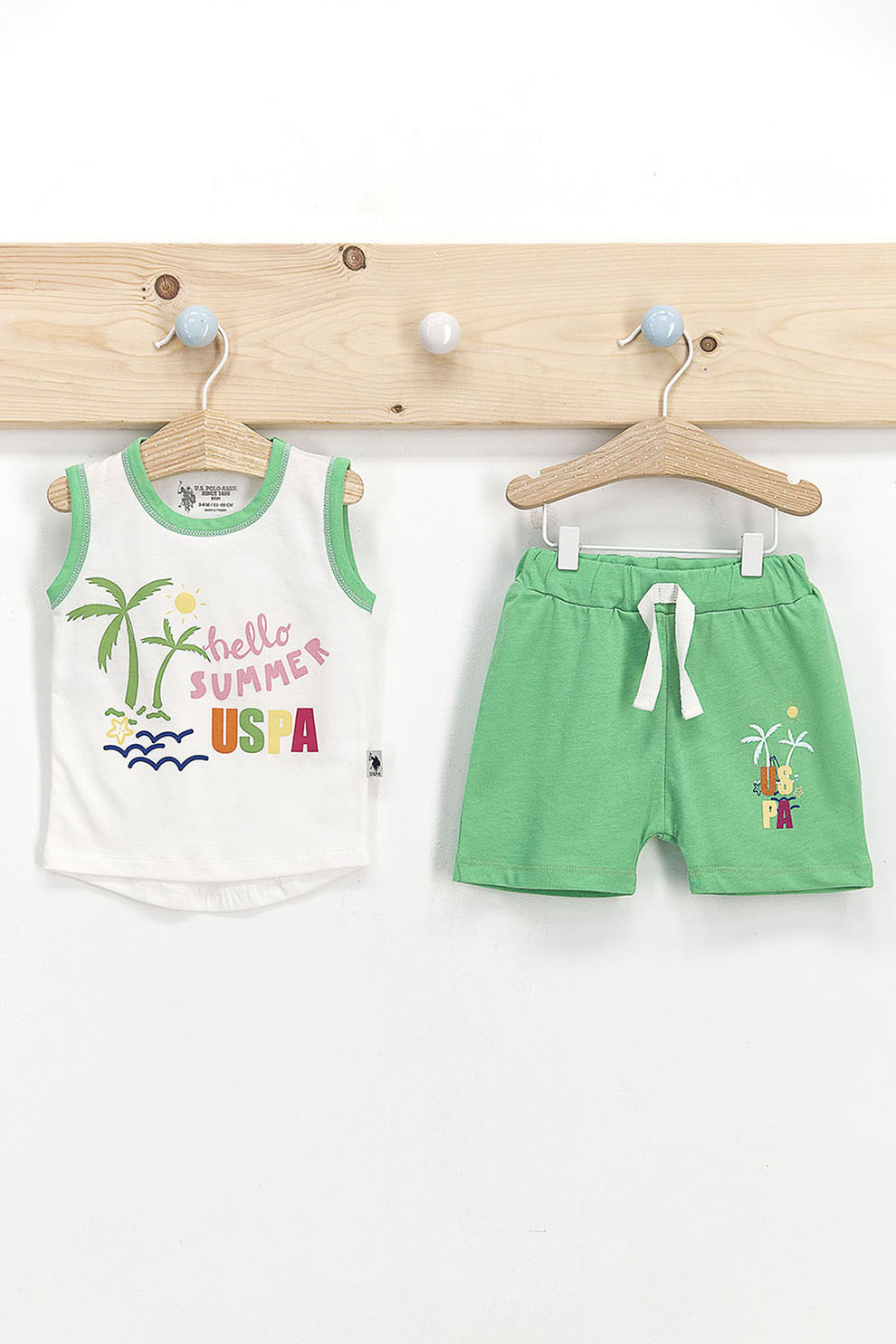 U.S. Polo Assn., Set de top din jerseu si pantaloni scurti cu imprimeu, Verde/Alb