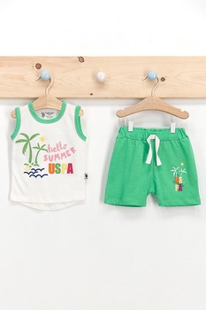 U.S. Polo Assn., Set de top din jerseu si pantaloni scurti cu imprimeu, Verde/Alb U.S. Polo Assn., Set de top din jerseu si pantaloni scurti cu imprimeu, Verde/Alb