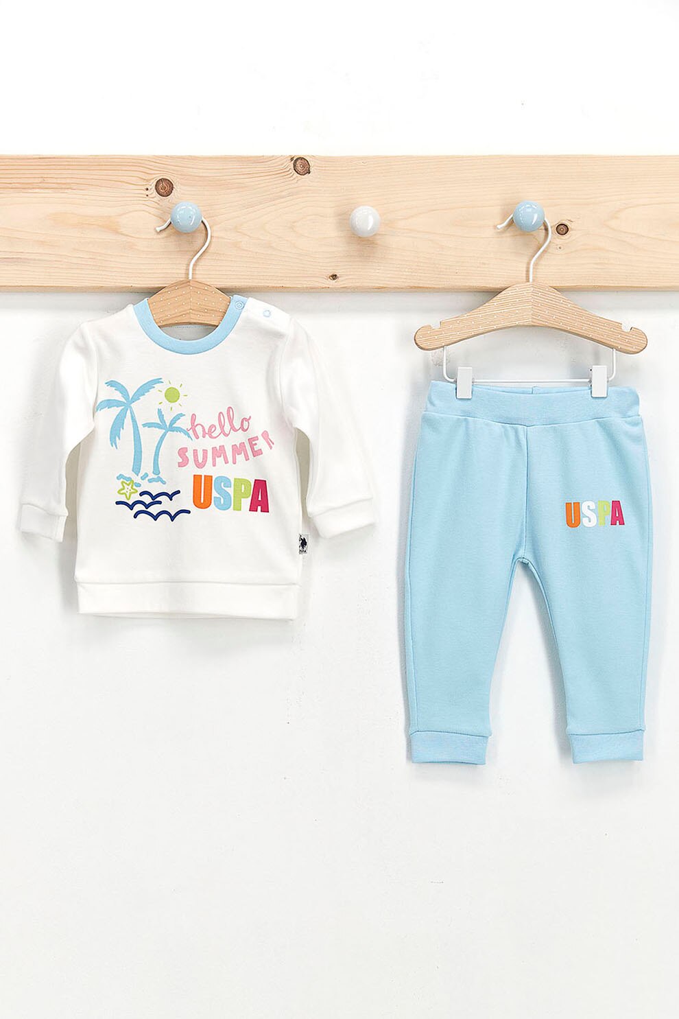 U.S. Polo Assn., Set de bluza si pantaloni cu imprimeu logo si tropical, Bleu/Alb