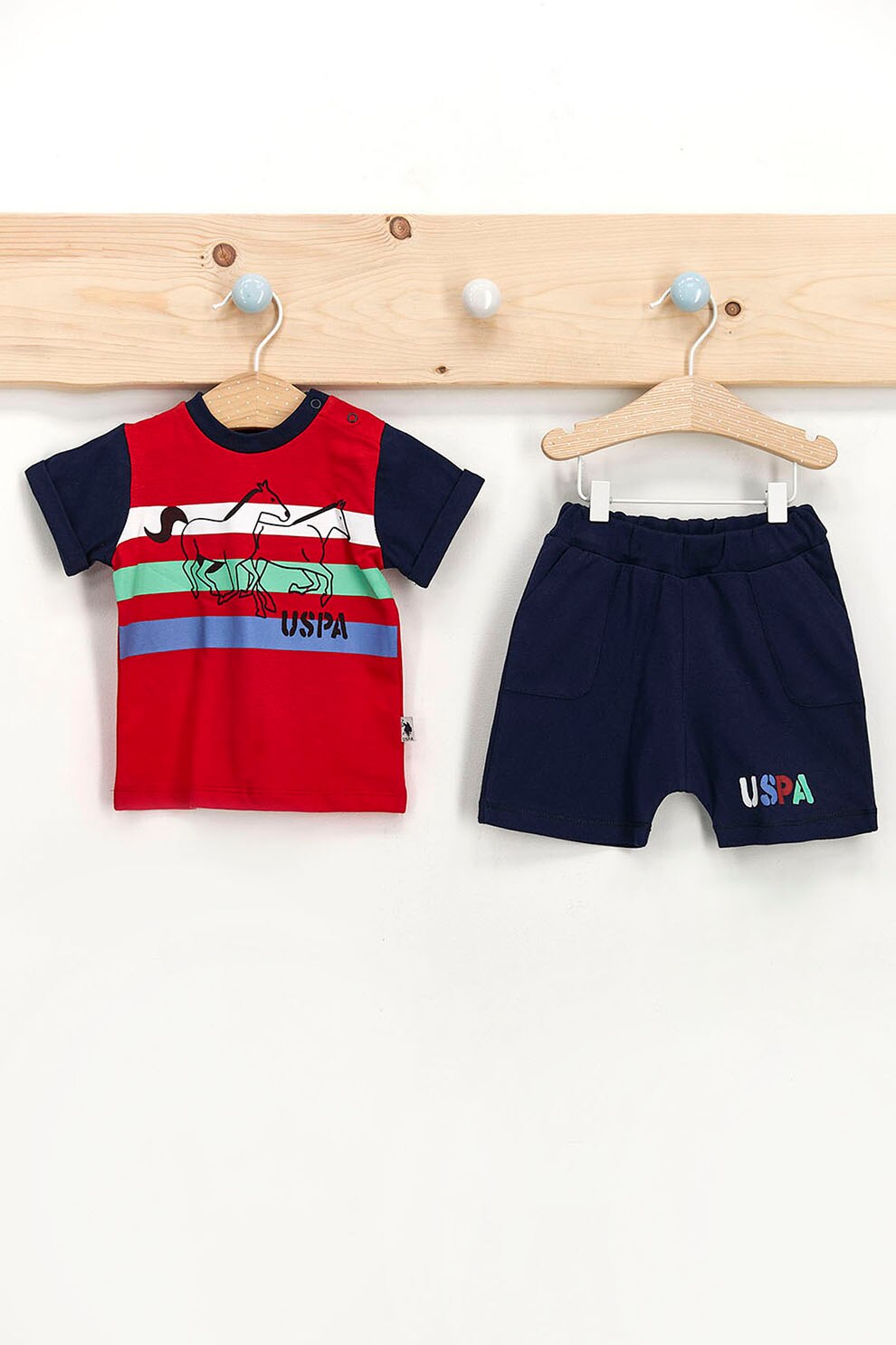 U.S. Polo Assn., Set de tricou cu imprimeu logo si pantaloni scurti, Rosu/Bleumarin inchis