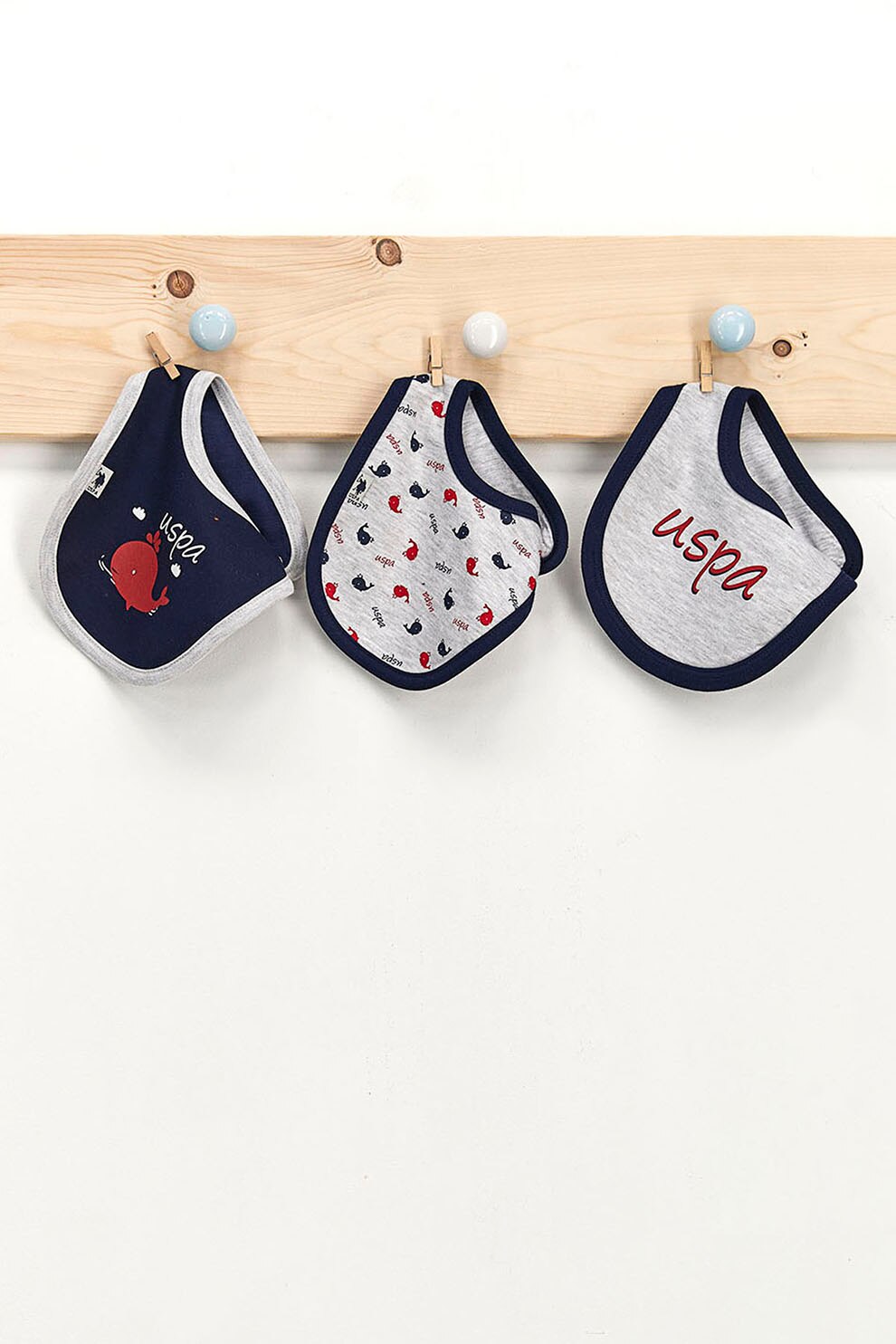 U.S. Polo Assn.,Sete de bavete cu modele diverse - 3 piese, Bleumarin inchis/Gri melange, ONE SIZE Standard