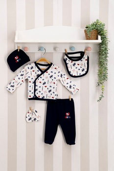 U.S. Polo Assn., Set de imbracaminte cu imprimeu - 5 piese, bleumarin inchis, alb, ONE SIZE Standard U.S. Polo Assn., Set de imbracaminte cu imprimeu - 5 piese, bleumarin inchis, alb, ONE SIZE Standard