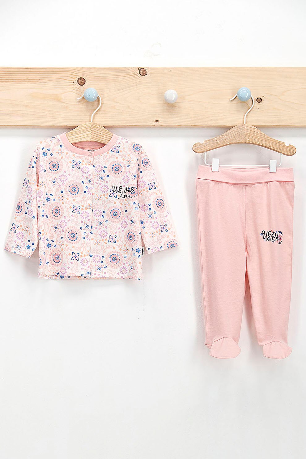 U.S. Polo Assn., Set de pantaloni cu botosei si bluza cu imprimeu, Roz, 68-74 CM