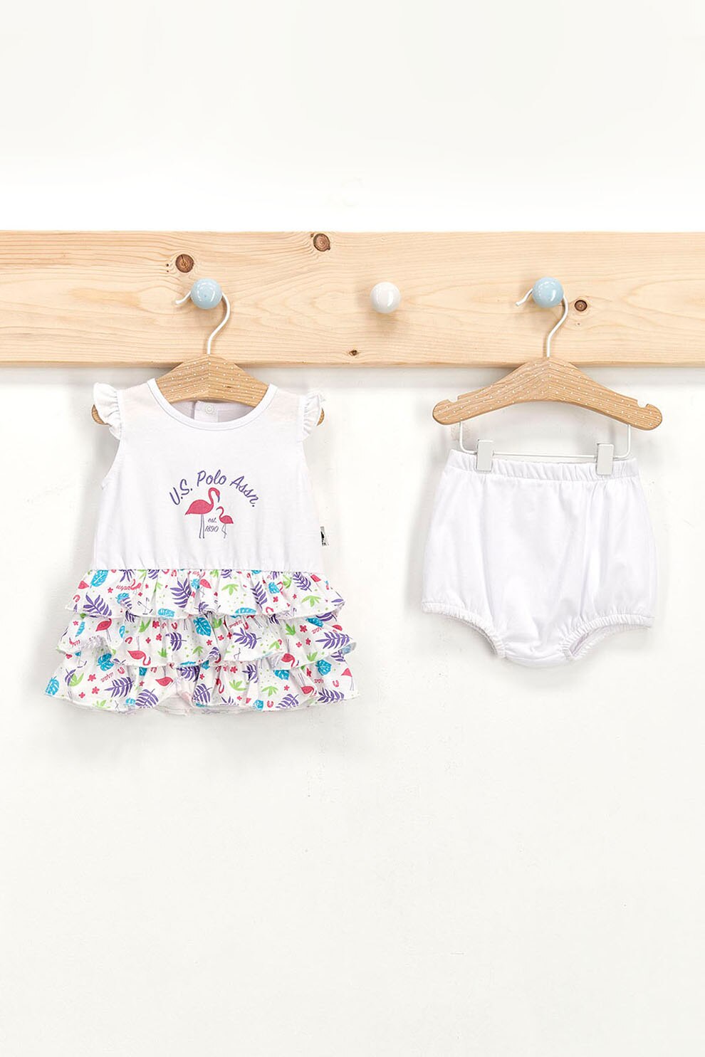 U.S. Polo Assn., Set 2 piese, rochie de bumbac si chiloti, Alb/Albastru indigo, Alb/Albastru indigo