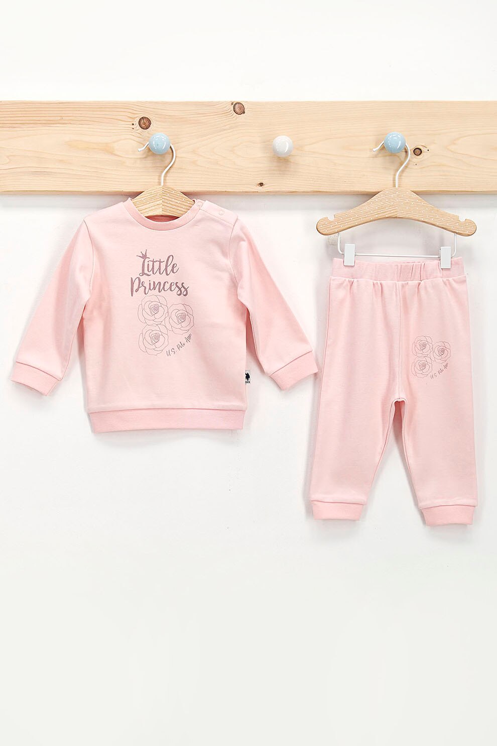 U.S. Polo Assn., Set 2 piese, bluza cu imprimeu si pantaloni, Roz, Roz, 68-74 CM