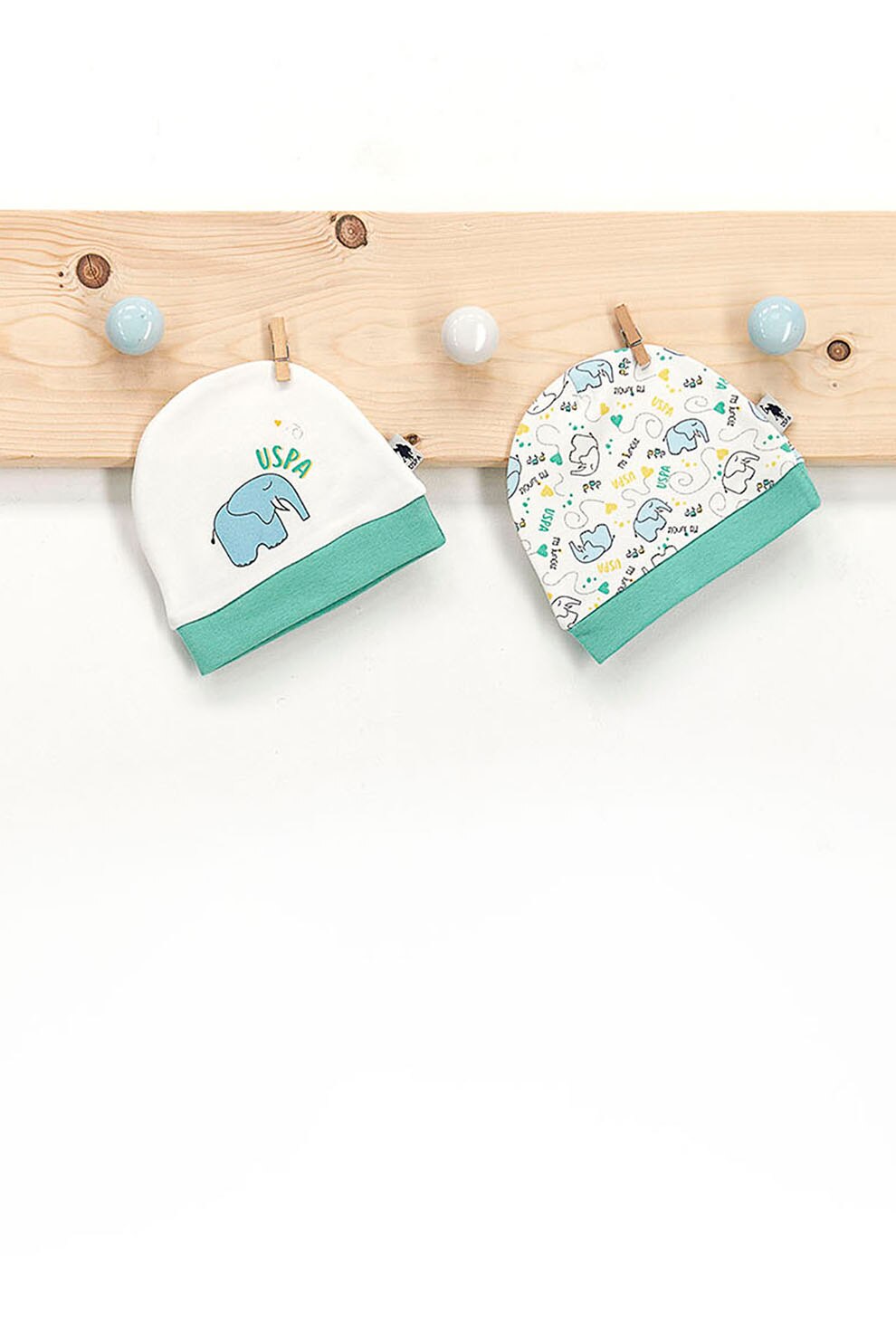 U.S. Polo Assn., Set de caciuli cu imprimeu cu elefanti - 2 piese, Verde persan/Alb, ONE SIZE Standard