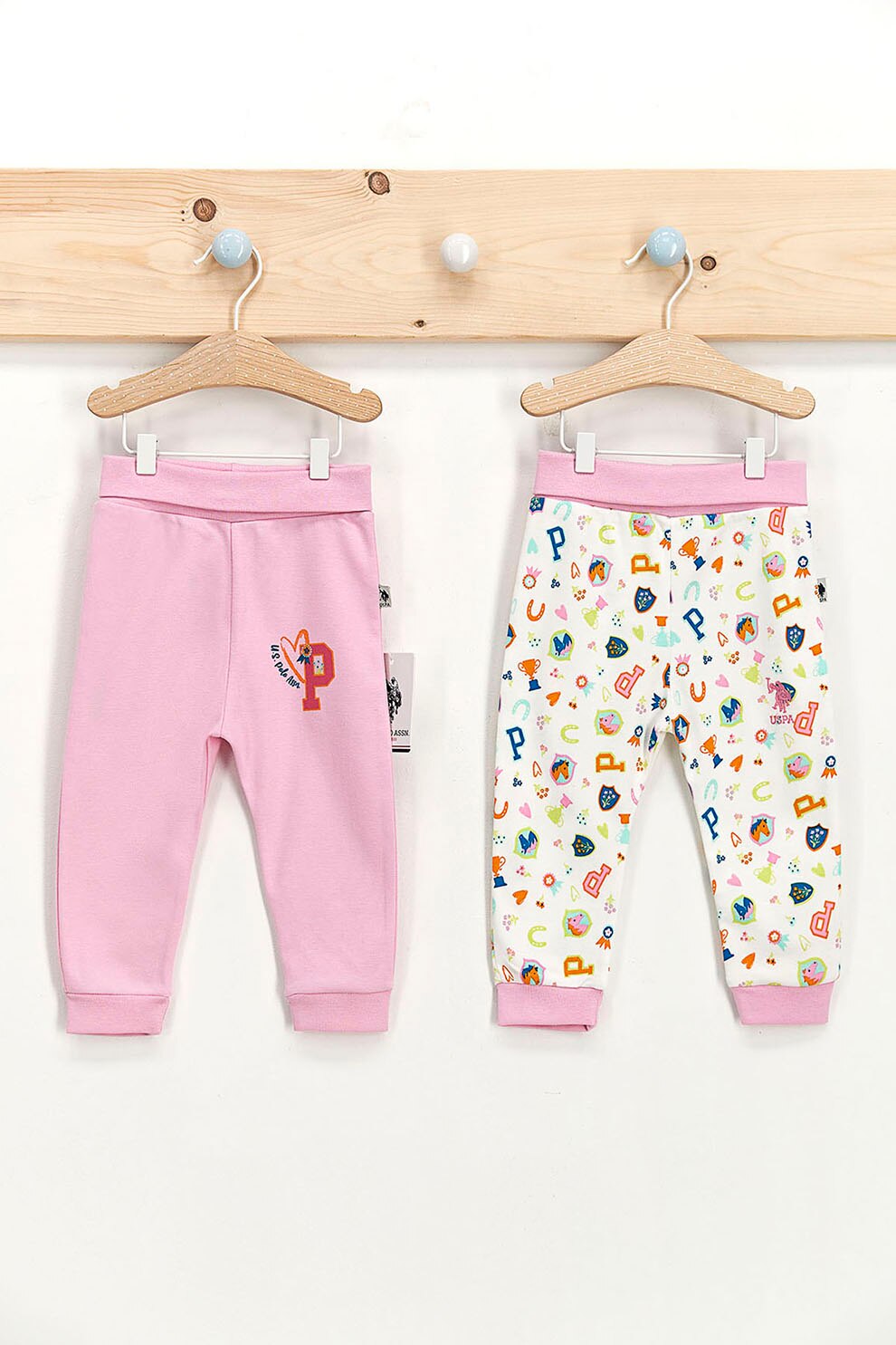 U.S. Polo Assn., Set 2 perechi pantaloni sport cu imprimeu, Roz/Alb, Roz/Alb, 80-86 CM