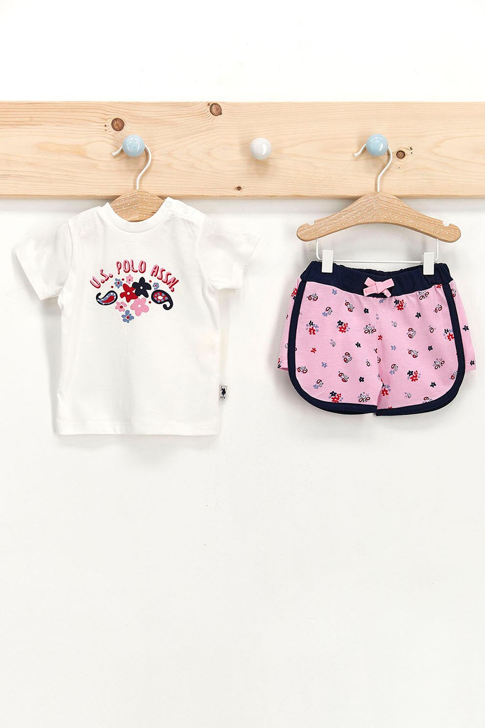 U.S. Polo Assn., Set de tricou cu imprimeu si pantaloni scurti regular fit Alb/Roz, Alb/Roz, 80-86 CM