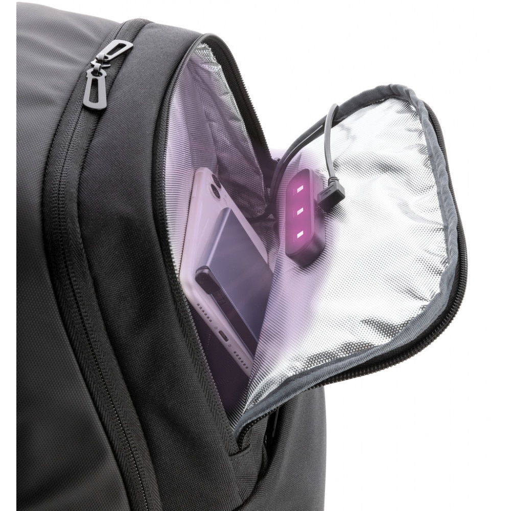 Rucsac laptop cu buzunar sterilizator UV-C, 21MAR1044, 30.5x13x45 cm, 15.6 inch, Swiss Peak by AleXer, Poliester, Negru, breloc inclus