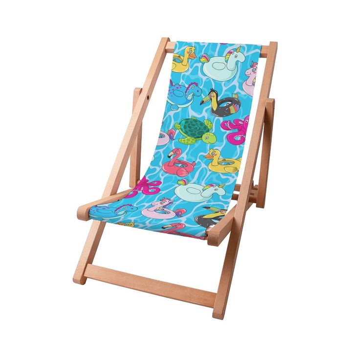 Scaun tip sezlong pentru copii, Model piscina, 95x46.5cm, Lemn de fag/Poliester, Multicolor