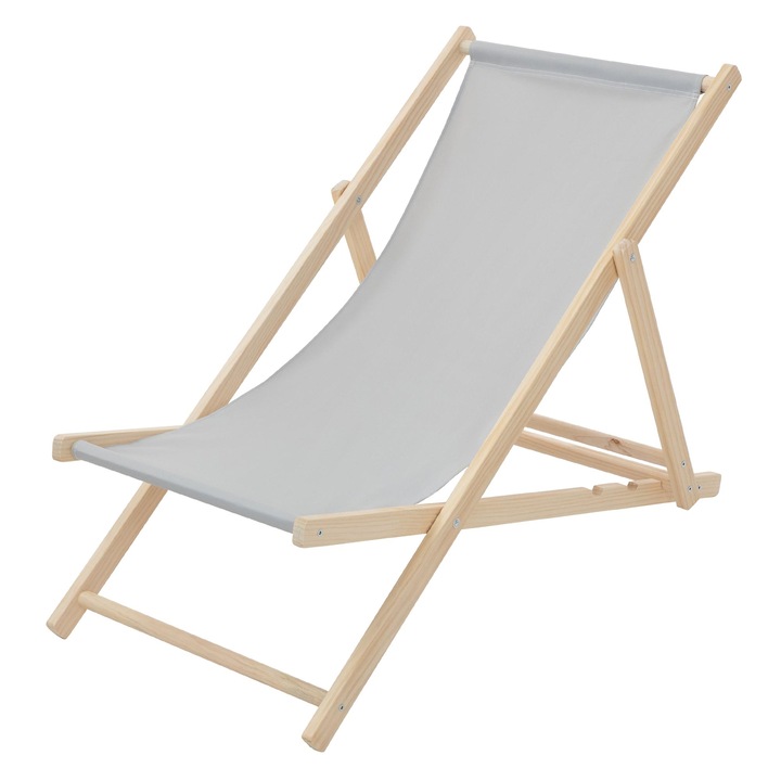 Scaun pliabil de plaja ECD Germany structura din lem si tesatura gri deschis, spatar reglabil in 3 pozitii, sezlong de relaxare pentru gradina, piscina, balcon sau terasa, capacitate de 120 kg