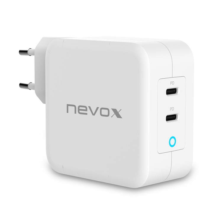 Nevox Gyorstöltő aljzat, 100W, 2 x USB-C (PD), GaN, fehér