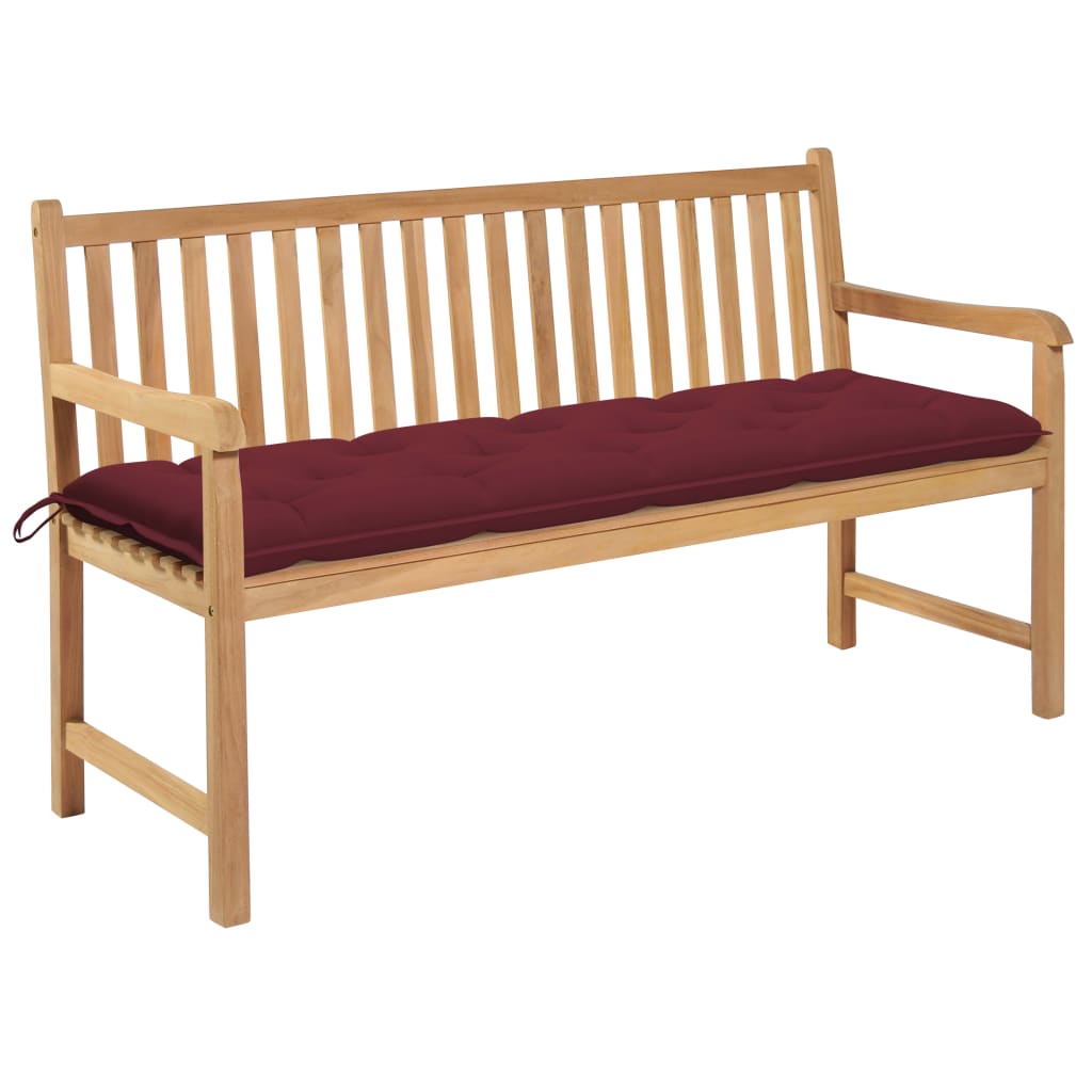 Banca de gradina cu salteluta si cu brate, vidaXL, Lemn de tec-Textil, 150 x 62,5 x 90 cm, 7 cm, Maro-Rosu vin