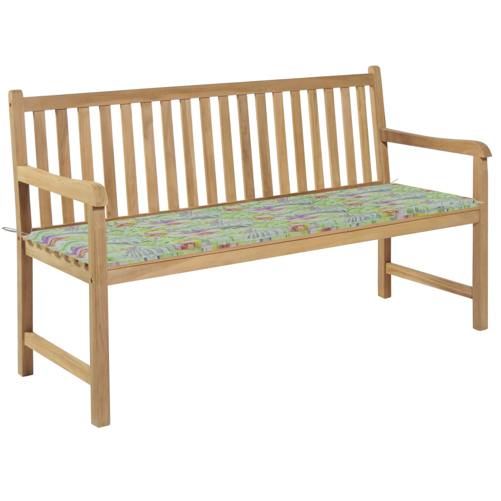 Banca de gradina cu salteluta si cu brate, vidaXL, Lemn de tec-Textil, 150 x 62,5 x 90 cm, 4 cm, Maro-multicolor model tropical