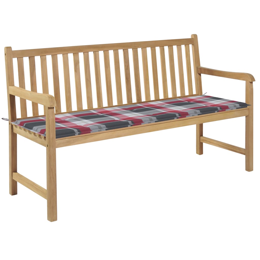 Banca de gradina cu salteluta si cu brate, vidaXL, Lemn de tec-Textil, 150 x 62,5 x 90 cm, 4 cm, Maro-Rosu model carouri