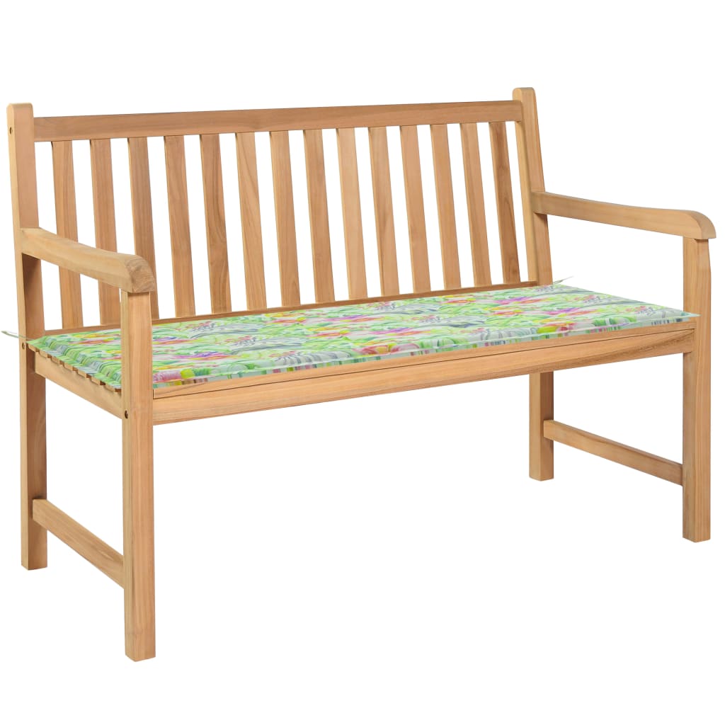 Banca de gradina cu salteluta si cu brate, vidaXL, Lemn de tec-Textil, 120 x 62,5 x 90 cm, 4 cm, Maro-Multicolor model tropical