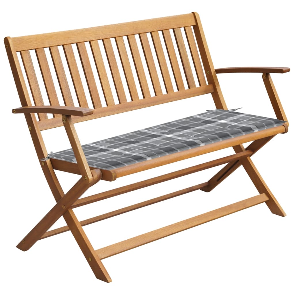 Banca pliabila de gradina cu salteluta sezut si cu brate, vidaXL, Lemn de acacia, 120 x 60 x 89 cm, Maro/Gri carouri